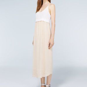 Aritzia Wilfred Silk Bisous Cream & Tan Midi Dress